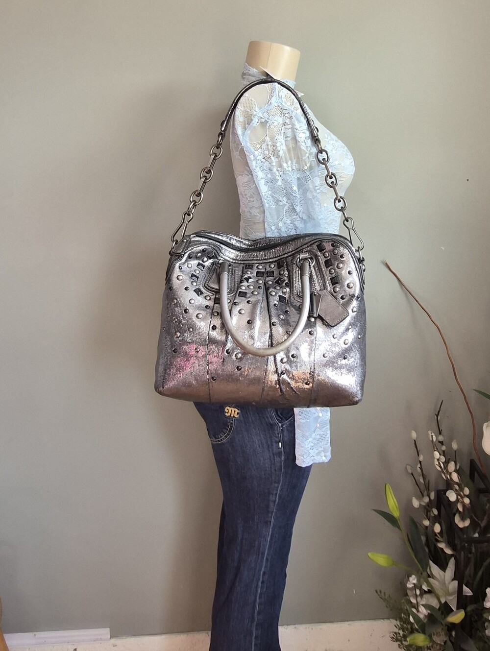 Coach Rare Metallic Silver Studded Women's Satchel Bag